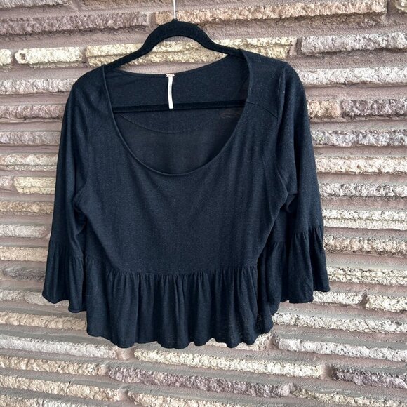 Free People Black Scoop Neck Ruffle Peplum Cropped Sweater Size Small - Picture 7 of 8